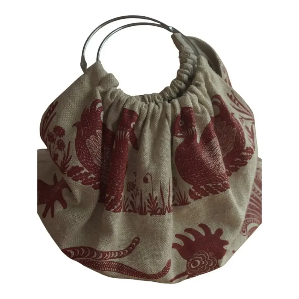 Vintage Rooster Bird Tapestry Ring Handle Bag Removable Cream Red Large